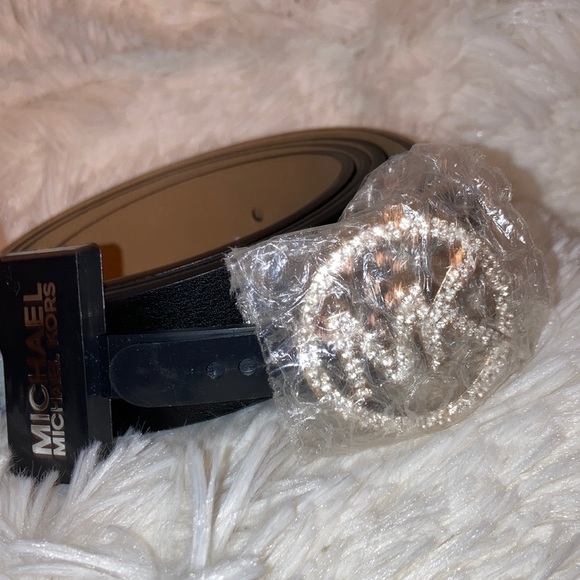 ? Michael Kors ? Women’s Black Leather Belt with Rhinestone Logo Buckle  NWT